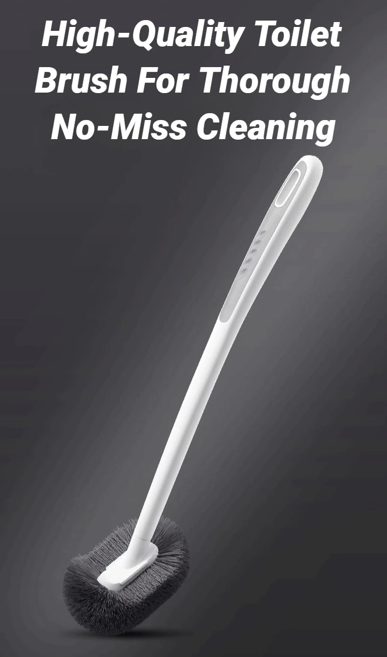 A white, space-saving wall-mounted toilet brush with an ergonomic long handle and a dense brush head.