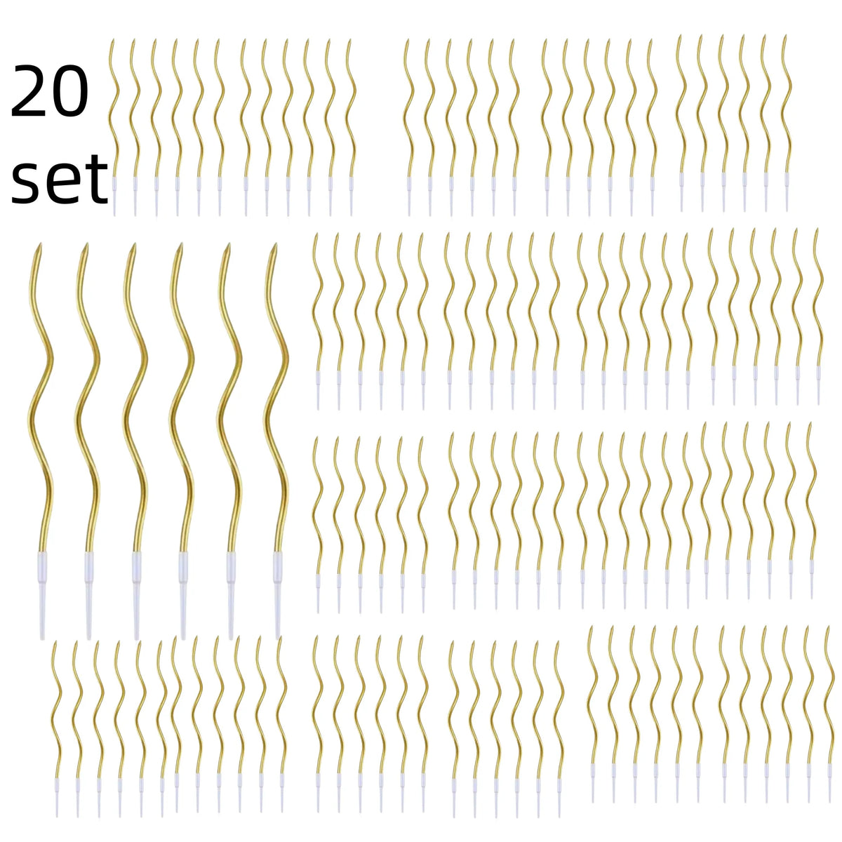 Ein Set von 20 dekorativen Spiralkerzen zum Geburtstag in Gold und Weiß.