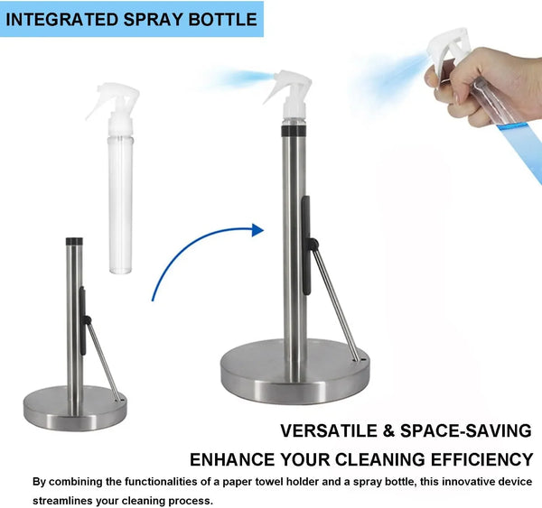 Stainless steel integrated spray bottle and paper towel holder for cleaning