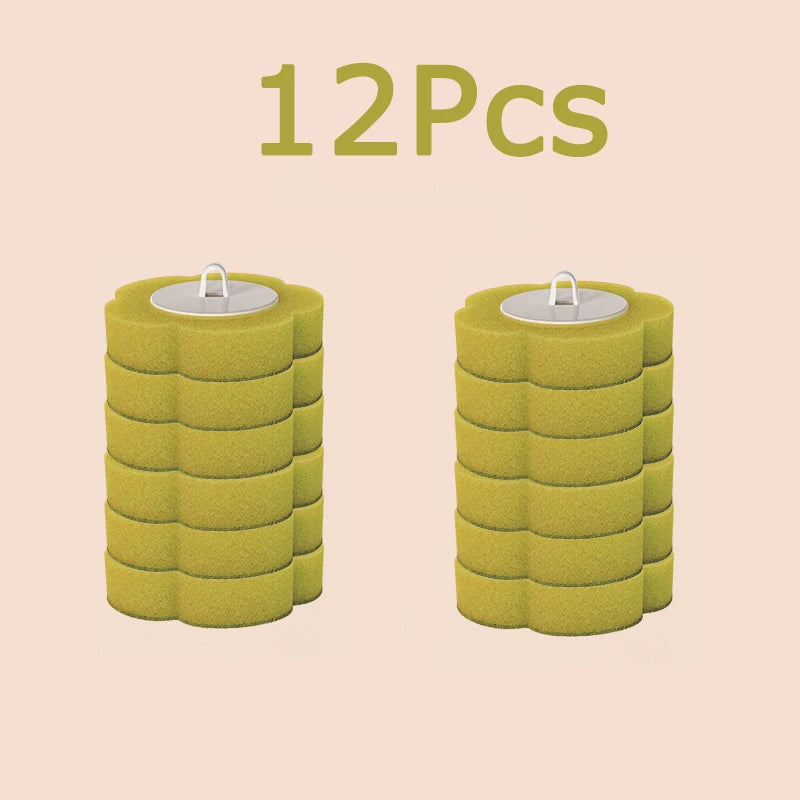 A set of twelve reusable yellow toilet cleaning brushes with silver heads.