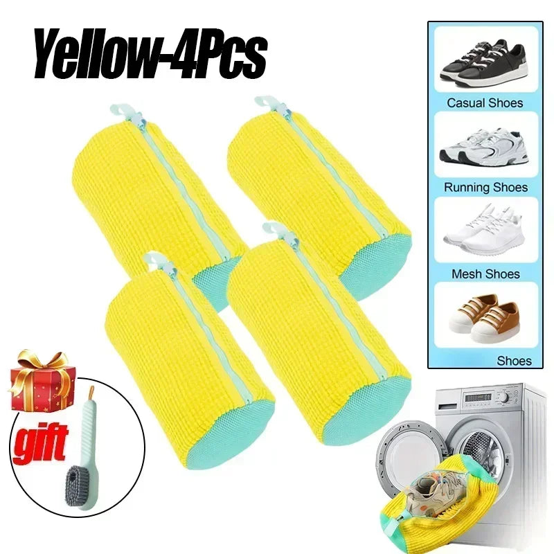 Four yellow laundry bags for shoes, including casual and running shoes, shown next to a washing machine.