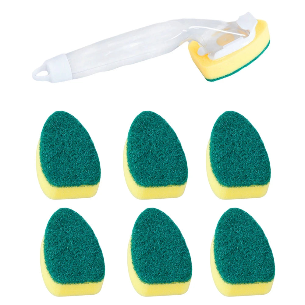A set of green and yellow dish wand cleaning brushes shown in various angles.