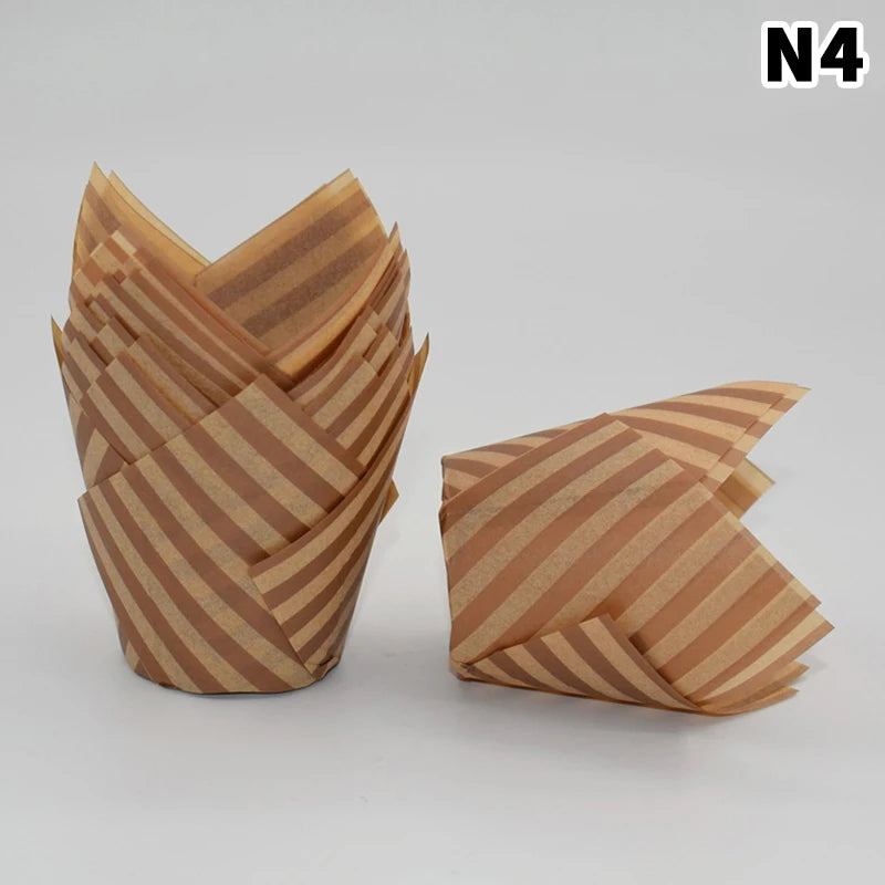A stack of 50 tulip cupcake liners made of brown and beige striped paper.