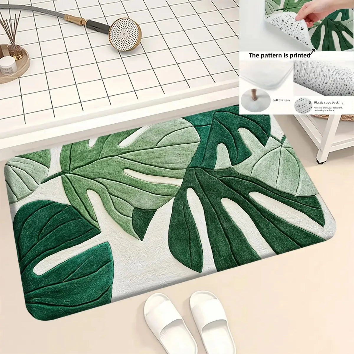 A green botanical leaf pattern printed on a white carpet mat with a soft silicone backing.