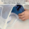 A hand is opening the top of a blue shoe inside a white mesh bag for easy entry and exit.