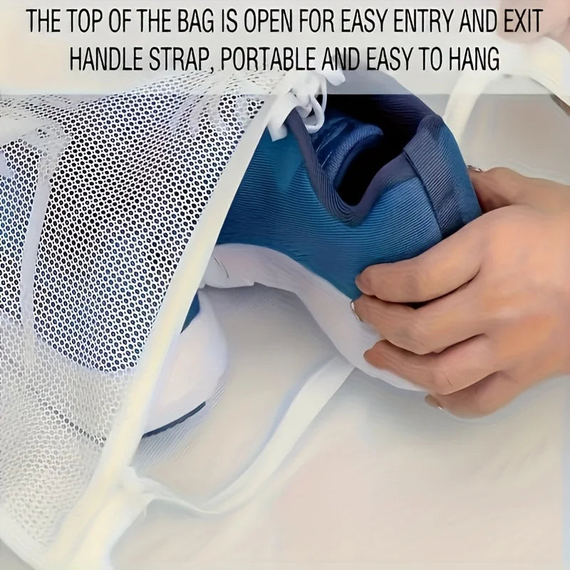 A hand is opening the top of a blue shoe inside a white mesh bag for easy entry and exit.
