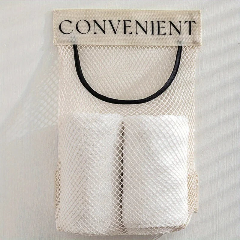 A white elastic mesh bag holder with a black loop and a label reading CONVENIENT