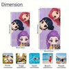 Dimension chart showing various sizes of glitter purple chibi anime beach towels and related items.