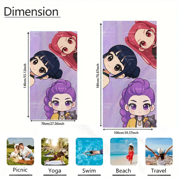 Dimension chart showing various sizes of glitter purple chibi anime beach towels and related items.