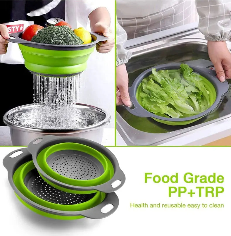 Un ensemble de paniers de drainage en silicone pliables vert et gris pour la préparation et le stockage des aliments.