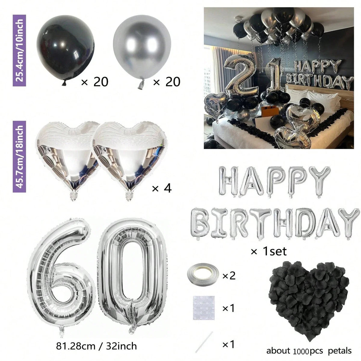 Birthday decor kit featuring black and silver balloons, heart-shaped foil balloons, and large number balloons.