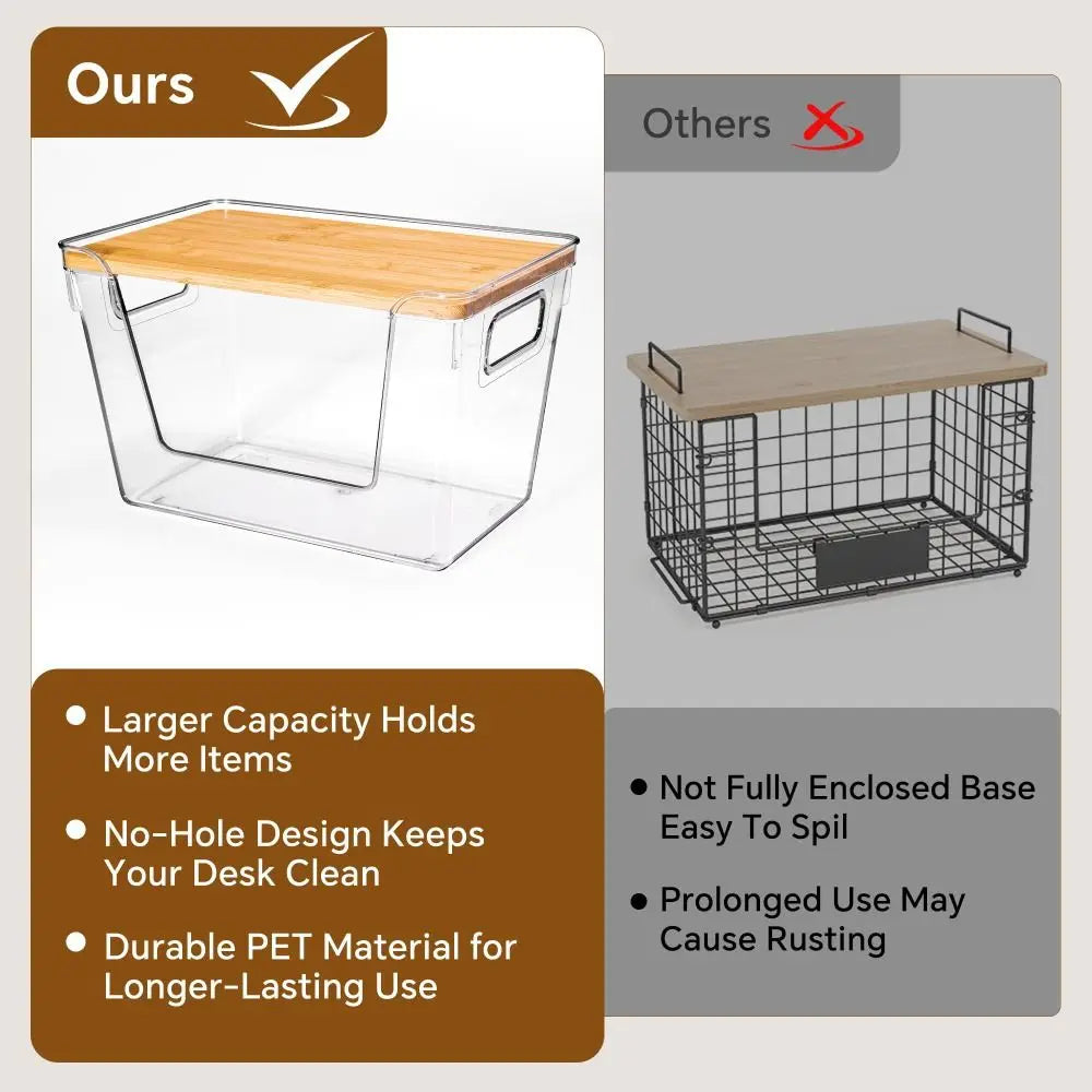 A clear plastic pantry organizer with a bamboo lid and wire basket base shown next to a black storage box.