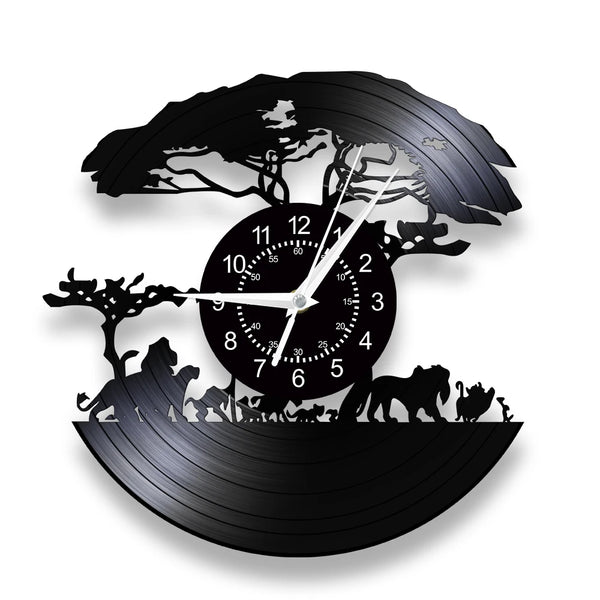 A black vintage vinyl record wall clock featuring a silhouette of a tree and jungle animals.