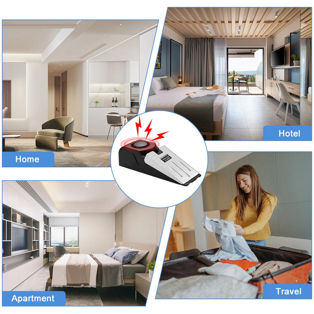 Un tope de puerta portátil con alarma de vibración mostrado en diversos contextos de viaje y hogar.