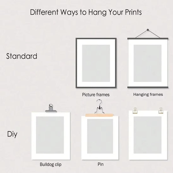 Various methods for hanging photo prints including standard frames, picture frames, hanging frames, and DIY options like bull