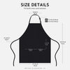 Black chef apron with a large front pocket shown flat lay with size details.