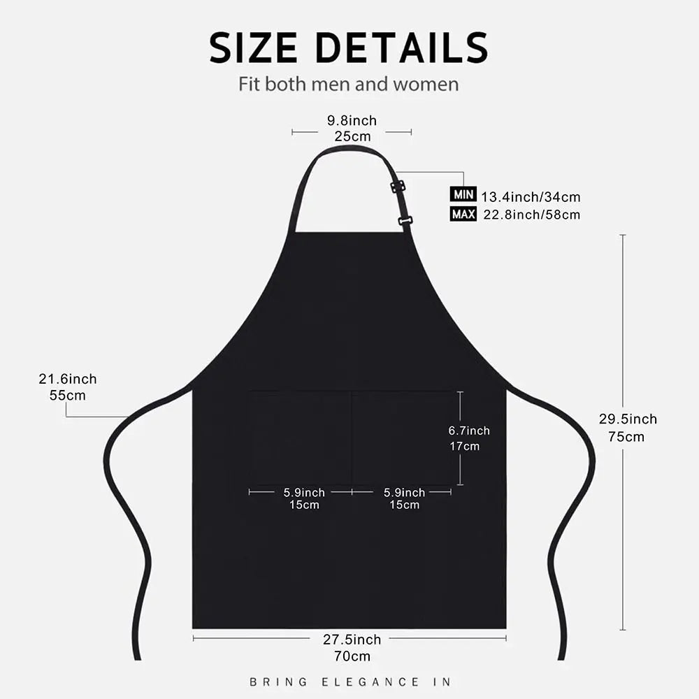 Black chef apron with a large front pocket shown flat lay with size details.