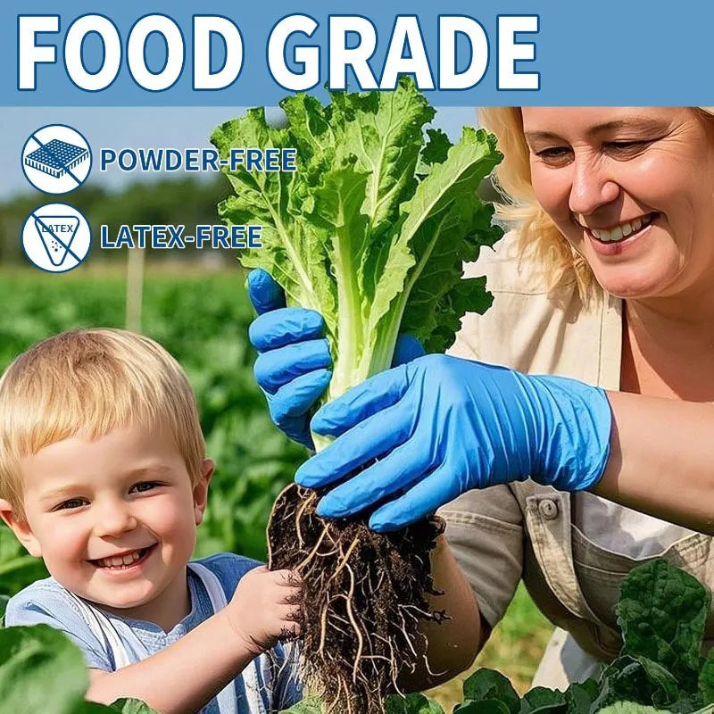 A woman and a child are harvesting leafy greens in a field, demonstrating food grade powder-free latex-free produce.