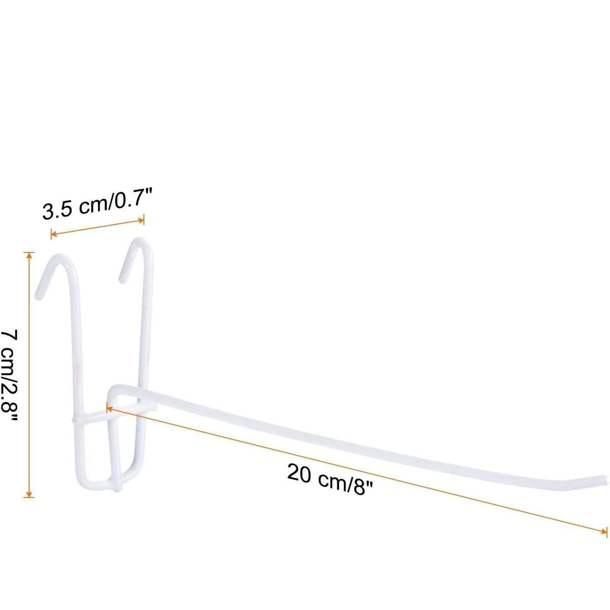 White heavy-duty mesh grid display hooks shown with dimensions 3.5 cm/0.7 inches and a length of 20 cm/8 inches.