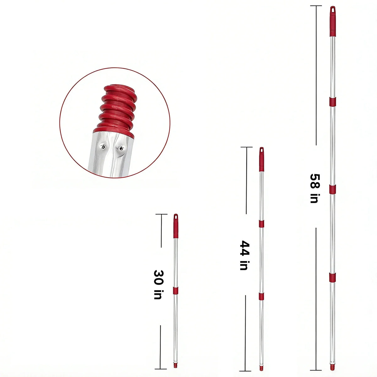 A set of universal mop handles and bases, including a red threaded handle and various length poles.