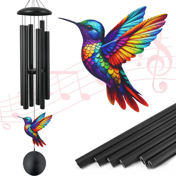 A vibrant iridescent hummingbird wind chime decoration with colorful wings and a black hanging rod.
