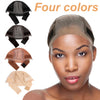 A woman models four colors of an adjustable velvet headband wig cap.