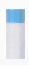 A tube of light blue and white scented drawstring trash bags.