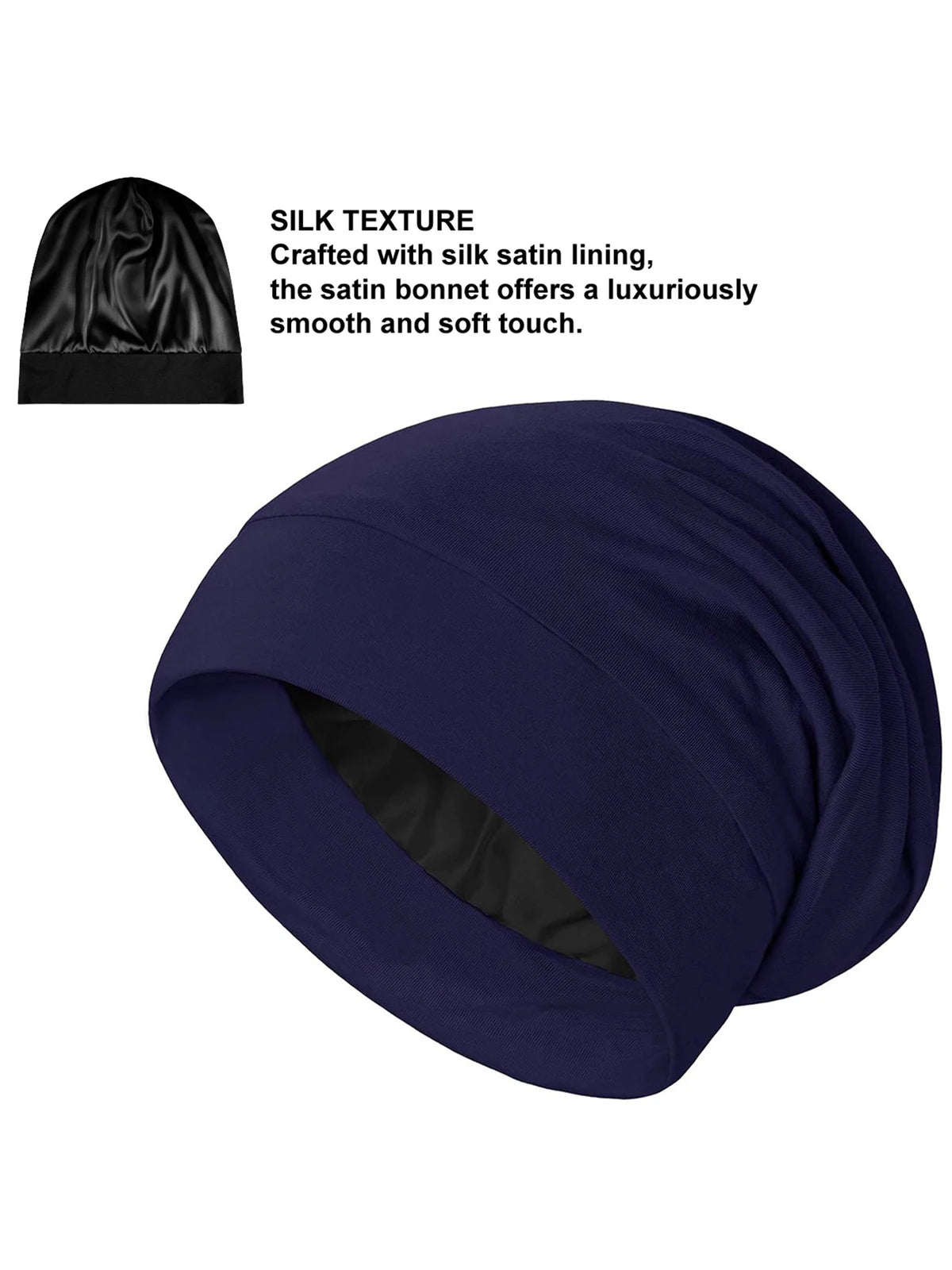 A navy blue satin sleep bonnet shown in a rolled or gathered style.