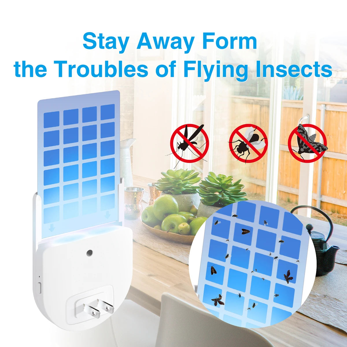 A white adhesive mosquito killer lamp with a blue light is shown next to various flying insects.