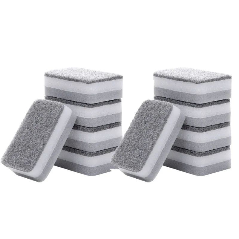 A stack of double-sided cleaning sponge wipes in gray and white stripes.