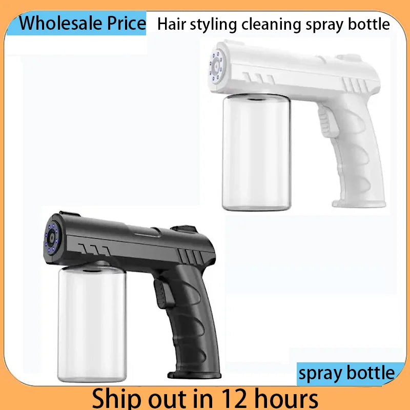A white hair styling cleaning spray bottle and a black spray bottle are shown.
