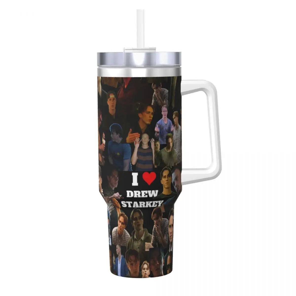 A stainless steel travel tumbler mug featuring a collage of characters from the Star Trek franchise.