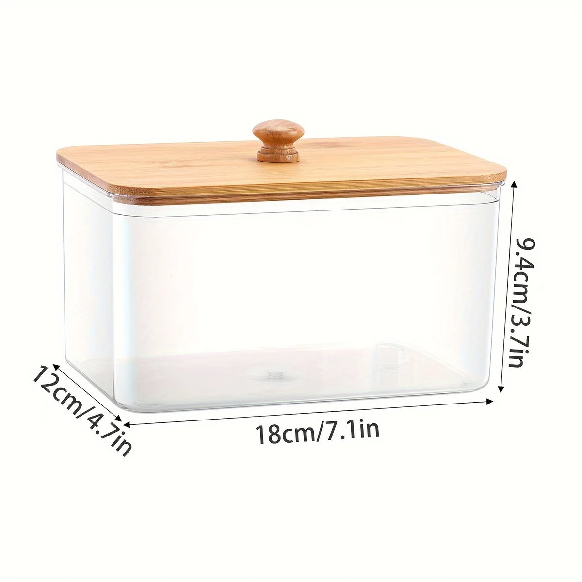 Clear glass container with a bamboo lid for storing dryer sheets.
