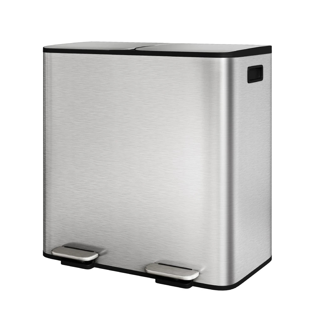 A stainless steel dual compartment step trash can with a recycling bin.