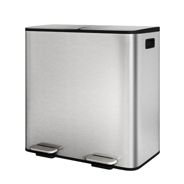 A stainless steel dual compartment step trash can with a recycling bin.