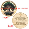 A round coin featuring a tree rooted in the earth with scripture text on the face and a verse on the back