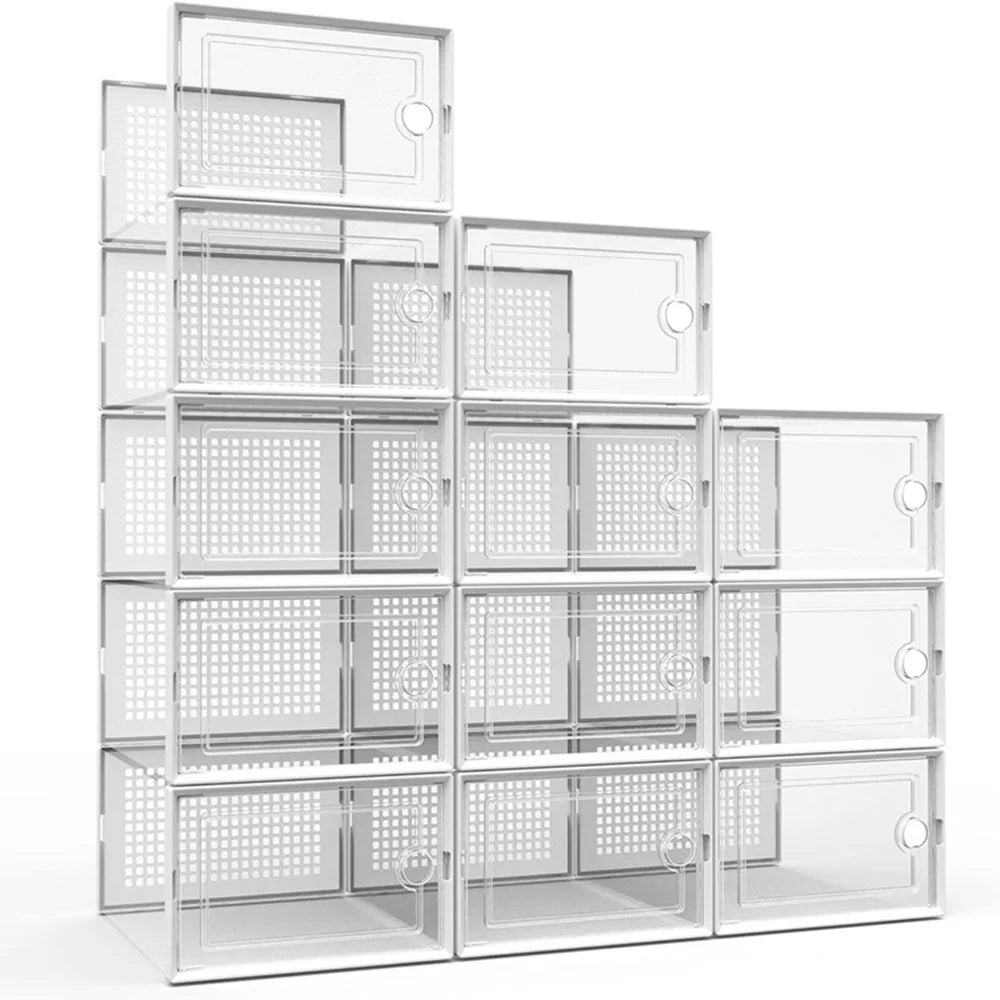 A stack of clear, transparent shoe storage boxes arranged in a grid pattern.