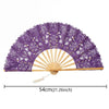 Purple lace folding handheld fan with a straw handle and sunburst design