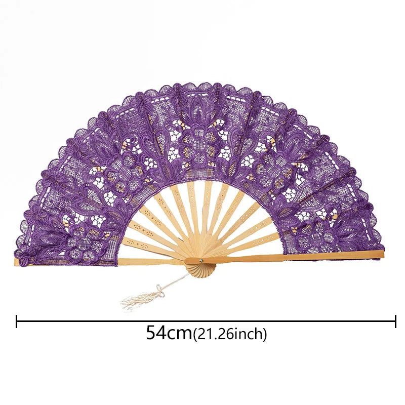 Purple lace folding handheld fan with a straw handle and sunburst design