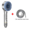 A silver shower head and a 1.5m stainless steel hose are shown with a plus sign, indicating a self-cleaning shower system.