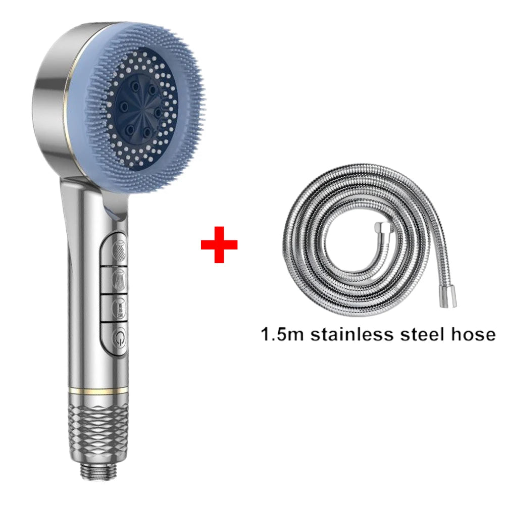 A silver shower head and a 1.5m stainless steel hose are shown with a plus sign, indicating a self-cleaning shower system.