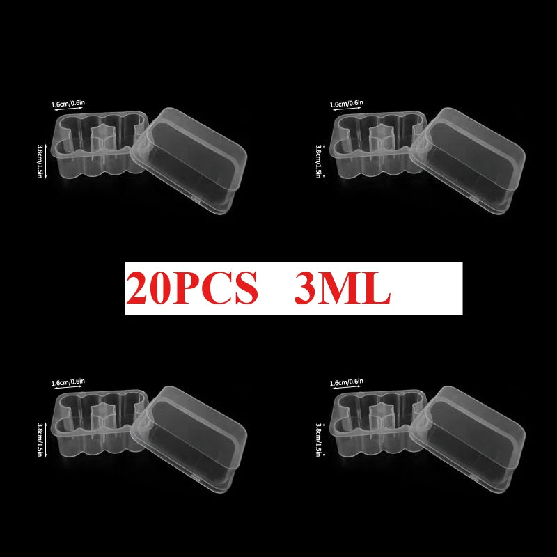 A set of twenty peptide storage cases with 3ml capacity shown in various angles.