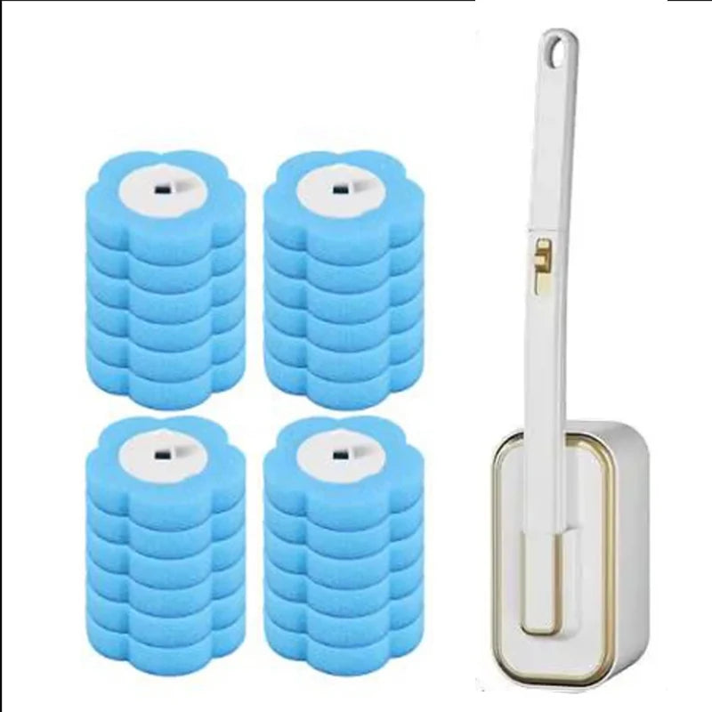 A set of blue disposable toilet brushes with long handles and a white cleaning tool.