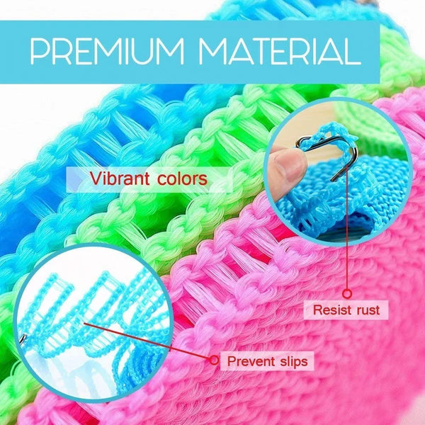 Close-up of bright pink and green knitted mesh material showing vibrant colors and features like rust resistance and slip pre