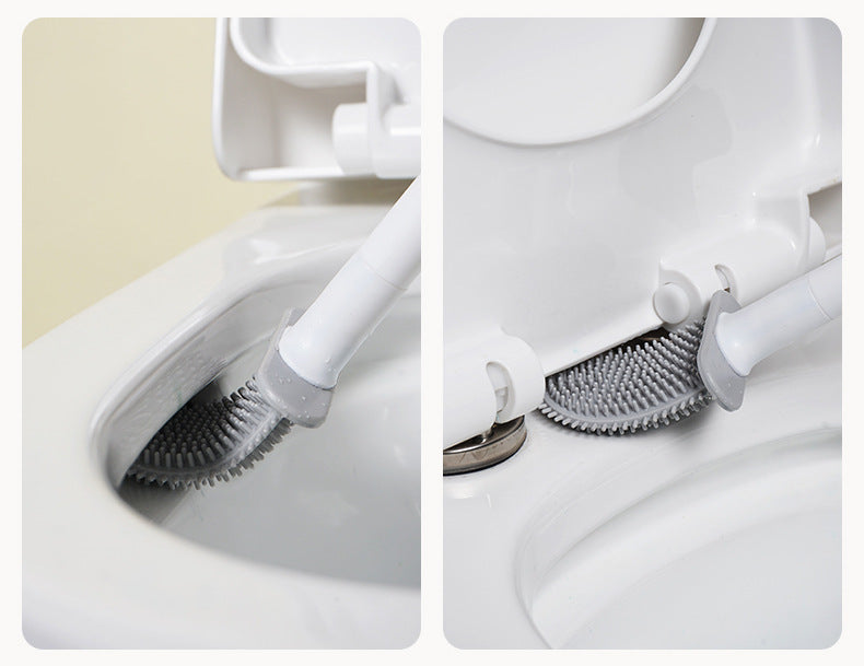 Un set de brosse à toilette en silicone fixé au mur avec une poignée et des poils blancs, nettoyant l'intérieur d'une cuvette
