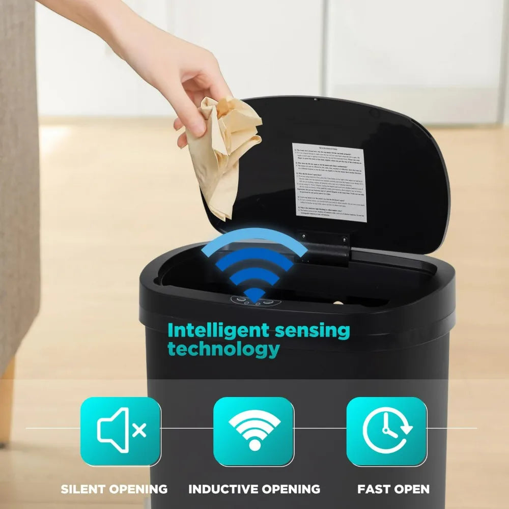 A hand opens an automatic touchless trash can, highlighting its intelligent sensing technology features.