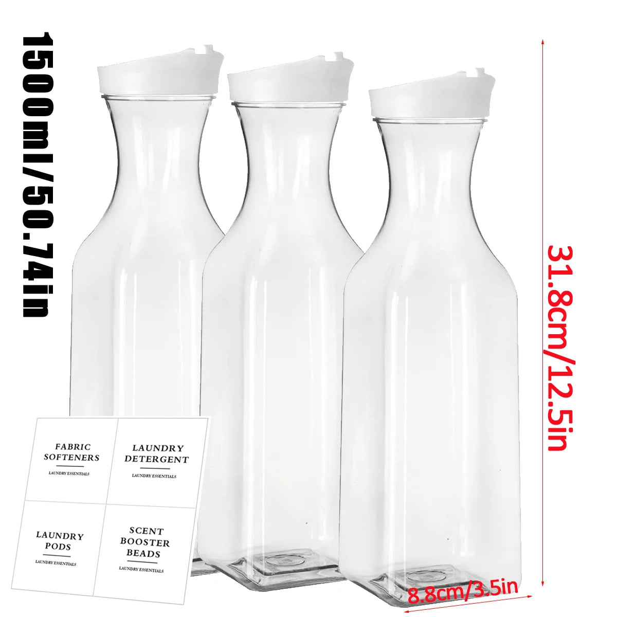 Three clear glass refillable storage bottles for laundry detergent with silicone stoppers and labels