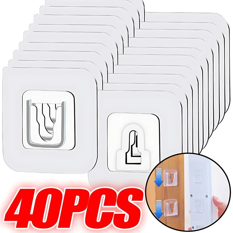 A pack of forty white invisible double-sided adhesive wall hooks in various sizes.