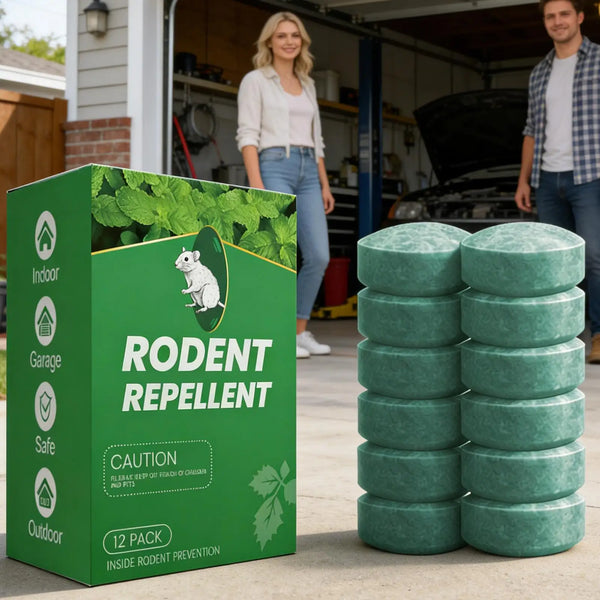 A box of rodent repellent balls is displayed next to a stack of green pellets in a garage setting.