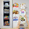 Over-the-door fabric storage organizer with multiple pockets featuring sections for cream, snacks, toys, and towels.